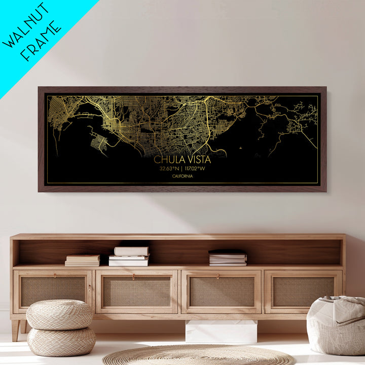 Chula Vista California City street map, Panoramic art, black and gold, Metallic Gold Print, Metal Art, real wood frames, Wall Art, Closing Gift