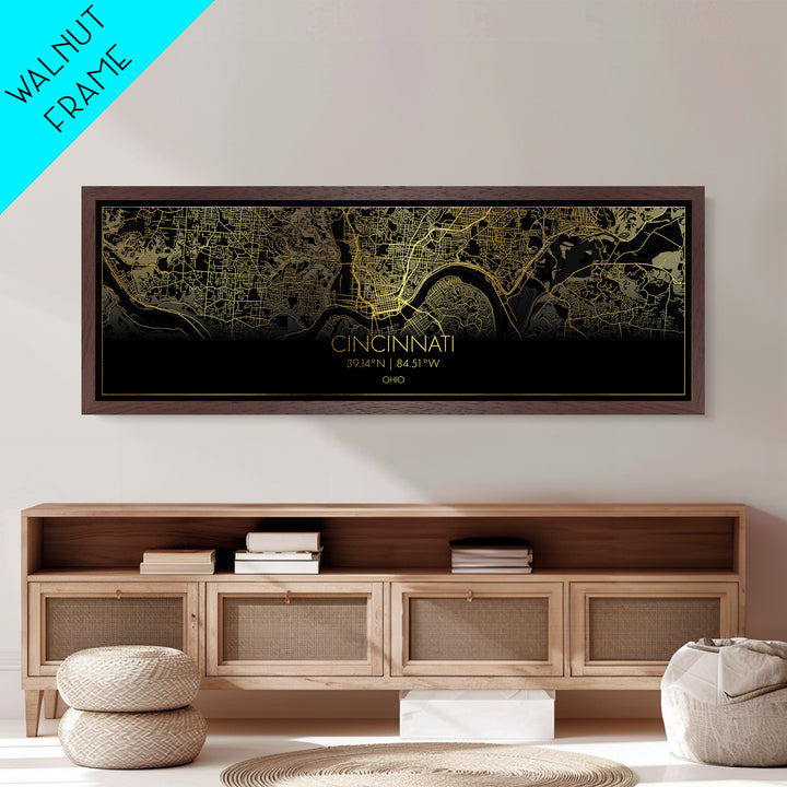Cincinnati Ohio Poster, Panoramic street map, black and gold, Metallic Gold Art, Metal Art, wood framed map, Office Decor, Housewarming Gift