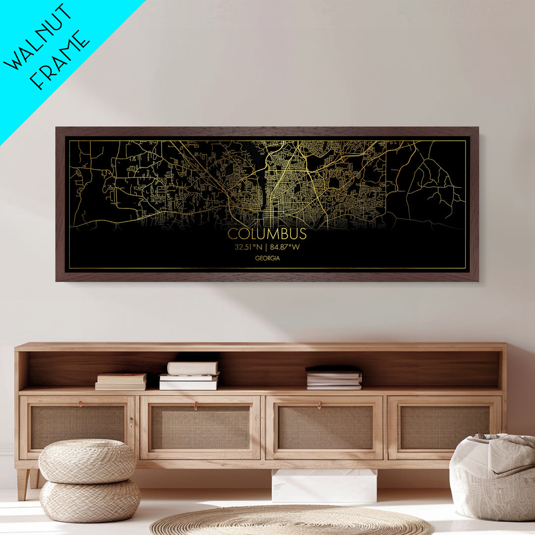 Columbus Georgia Poster, Panoramic street map, black and gold, Metallic Gold Art, Metal Art, wood framed map, Modern Wall Art, Closing Gift