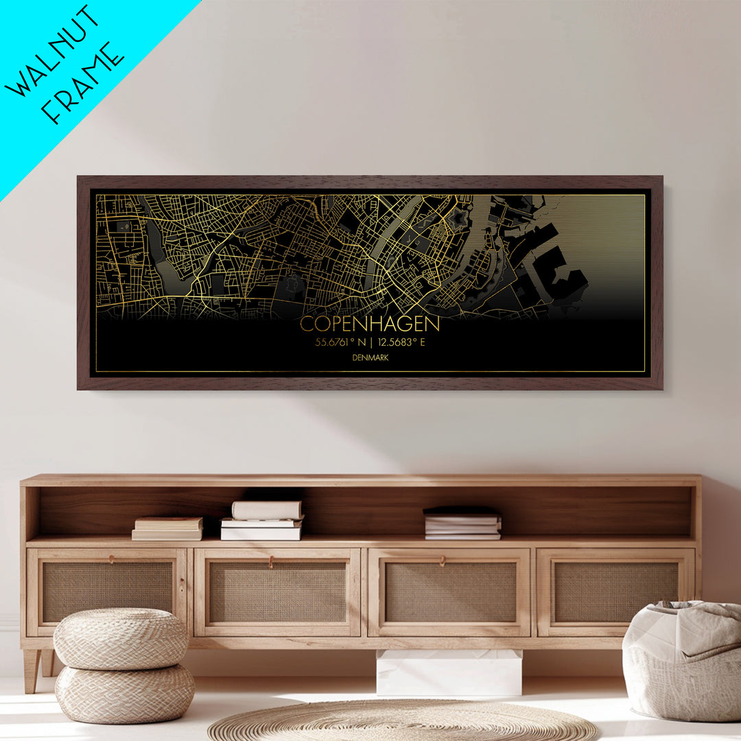 Copenhagen Denmark Poster, Panoramic street map, black and gold, Metallic Gold Art, Metal Art, wood framed map, Street Map Art, Map Print