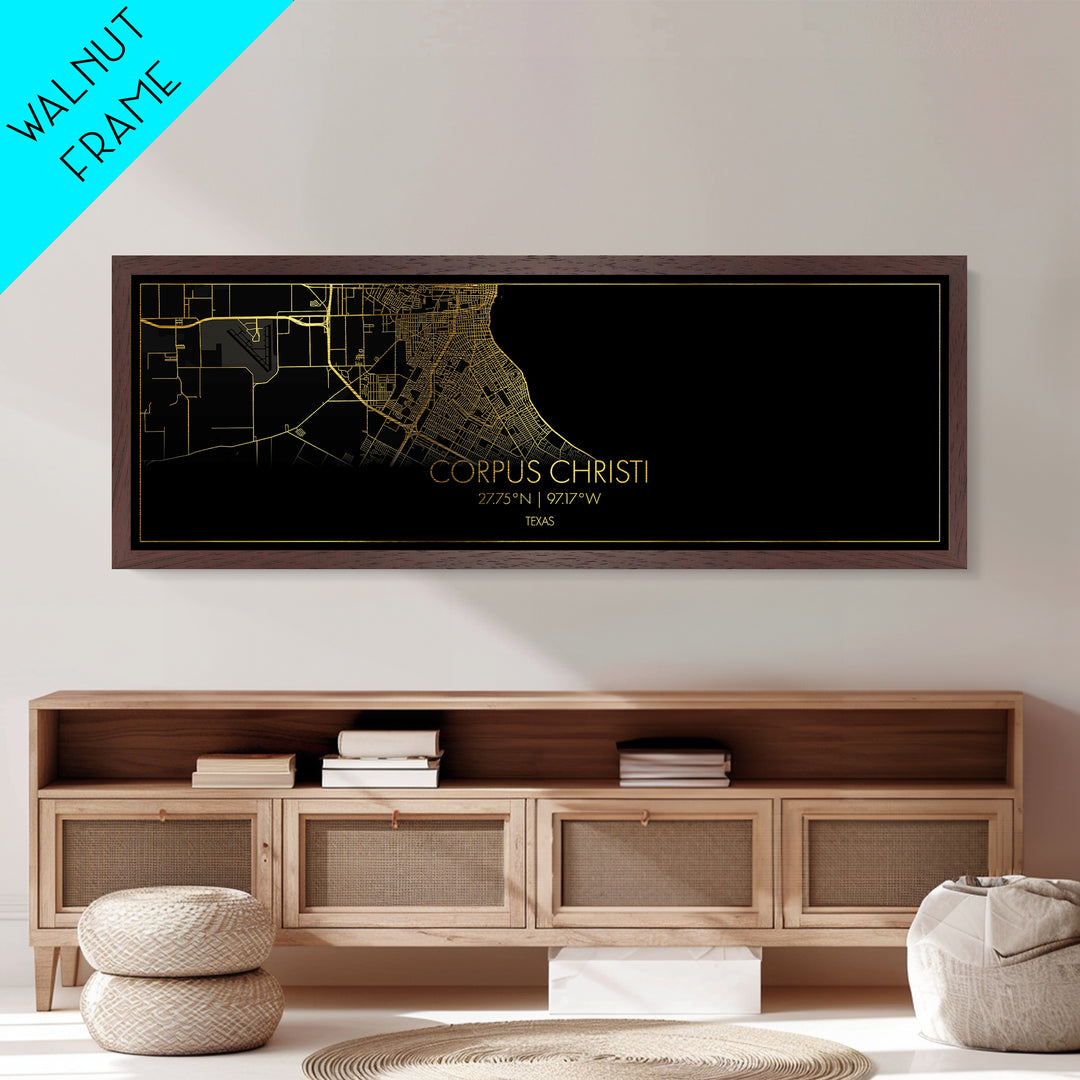 Corpus Christi Texas City street map, Panoramic art, black and gold, Metallic Gold Print, Metal Art, real wood frames, Best Friend Gifts