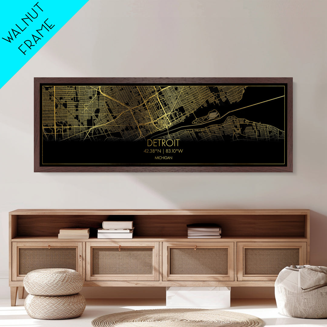 Detroit Michigan City street map, Panoramic art, black and gold, Metallic Gold Print, Metal Art, real wood frames, Minimalist Wall Art