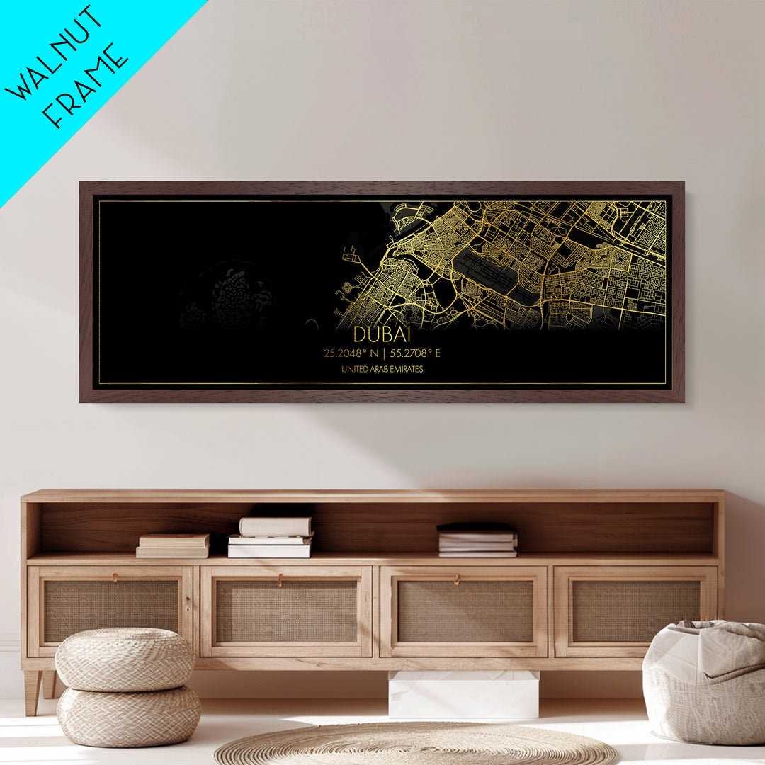 Dubai United Arab Emirates City Poster, Panoramic street map, black and gold, Metallic Gold Art, Metal Art, wood framed map, Modern Wall Art