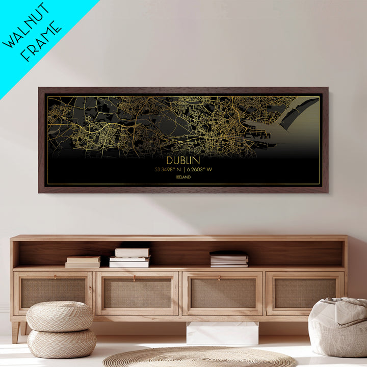 Dublin Ireland map, Panoramic art, black and gold, Metallic Gold Print, Metal Art, real wood frames, Street Map Art, Housewarming Gift