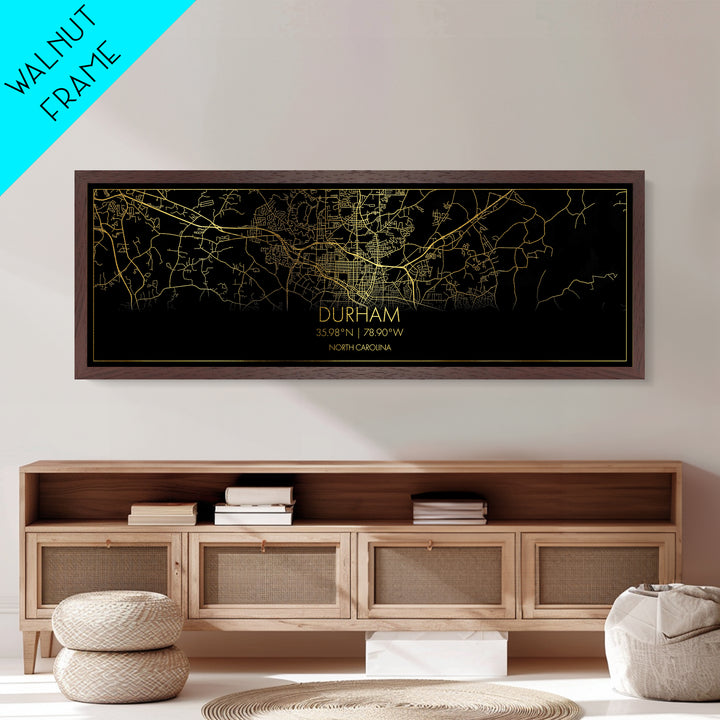 Durham North Carolina City Poster, Panoramic street map, black and gold, Metallic Gold Art, Metal Art, wood framed map, Modern Wall Art