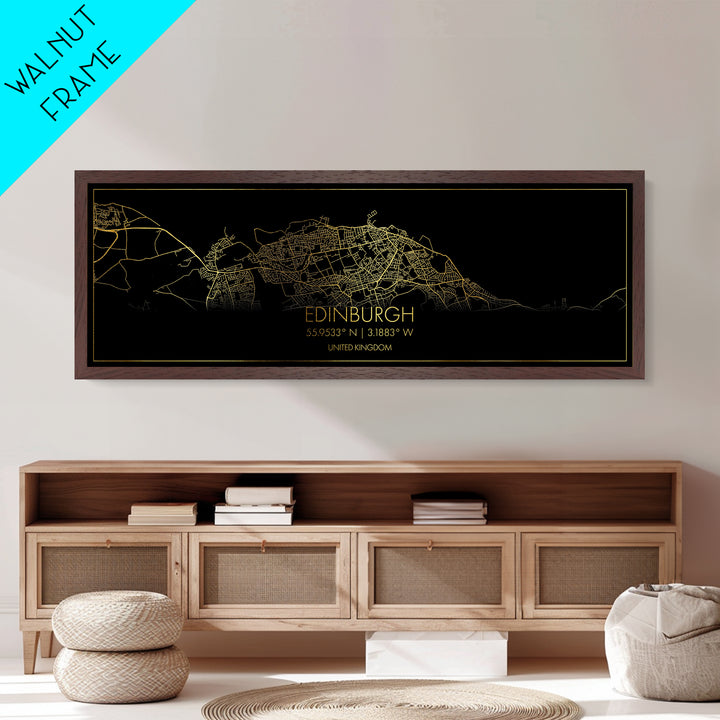Edinburgh United Kingdom City street map, Panoramic art, black and gold, Metallic Gold Print, Metal Art, real wood frames, Best Friend Gifts