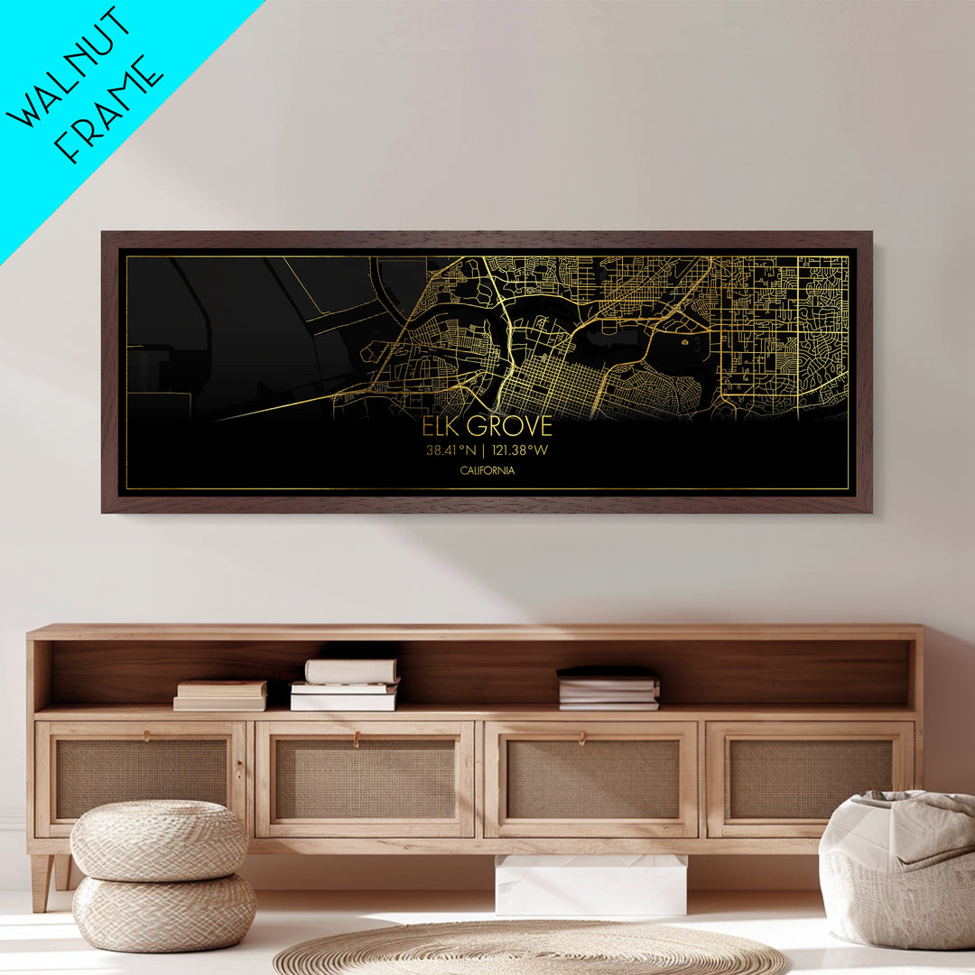 Elk Grove California City Poster, Panoramic street map, black and gold, Metallic Gold Art, Metal Art, wood framed map, Modern House Art