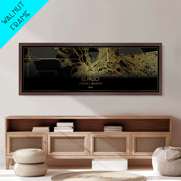 El Paso Texas City street map, Panoramic art, black and gold, Metallic Gold Print, Metal Art, real wood frames, Wall Art, City Map Print Poster