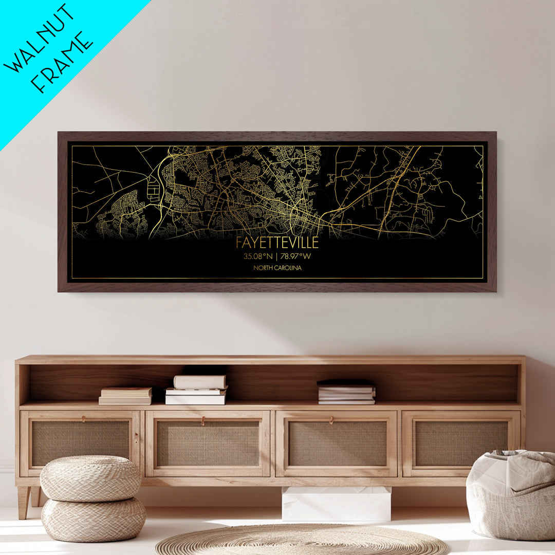 Fayetteville North Carolina City street map, Panoramic art, black and gold, Metallic Gold Print, Metal Art, real wood frames, Street Map Art