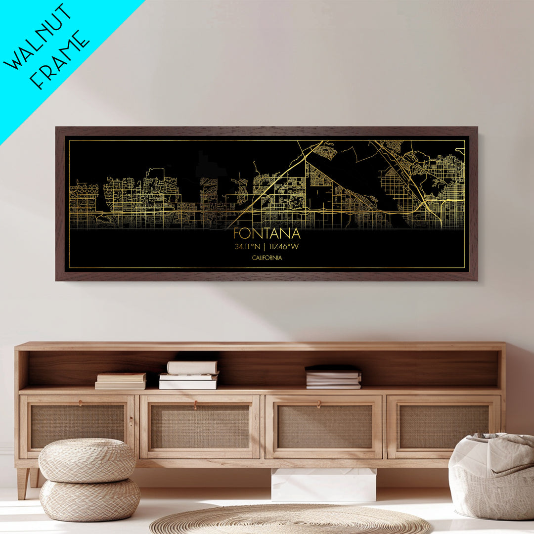 Fontana California City Poster, Panoramic street map, black and gold, Metallic Gold Art, Metal Art, wood framed map, Best Friend Gifts