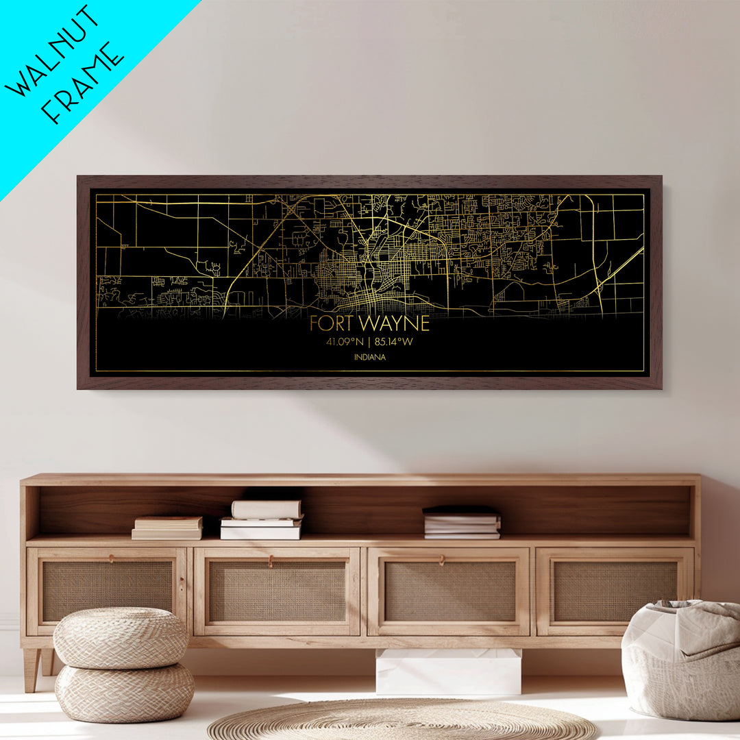 Fort Wayne Indiana City Poster, Panoramic street map, black and gold, Metallic Gold Art, Metal Art, wood framed map, Office Décor
