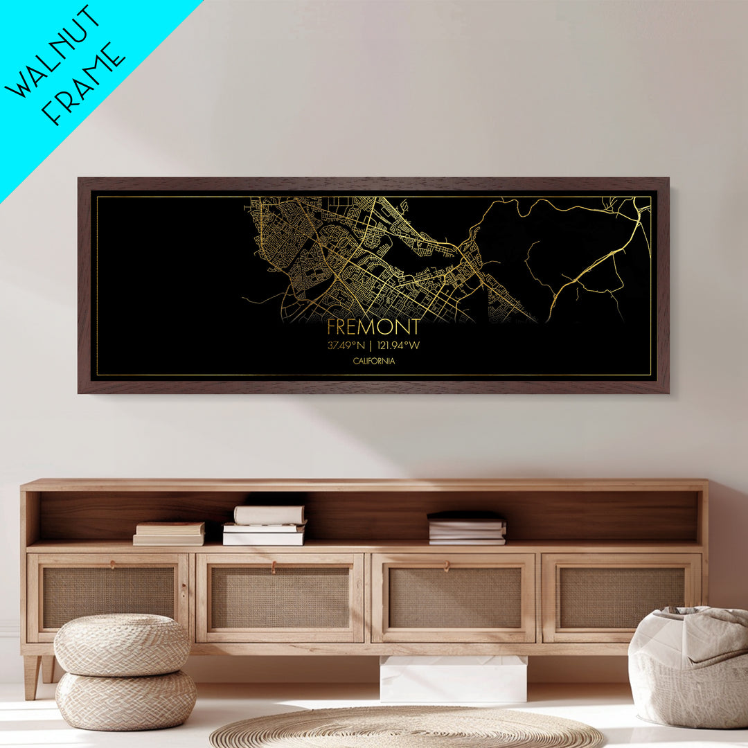 Fremont California City Poster, Panoramic street map, black and gold, Metallic Gold Art, Metal Art, wood framed map, Modern House Art
