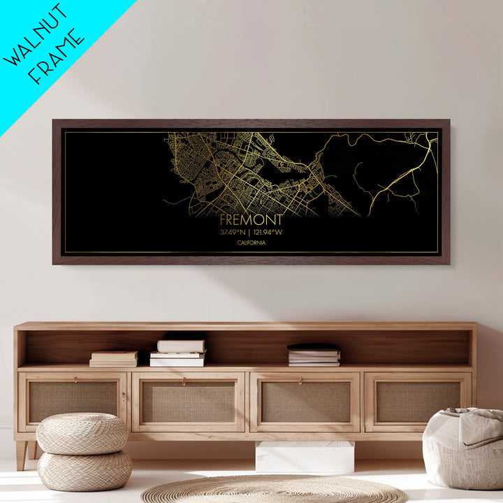 Fremont California City Poster, Panoramic street map, black and gold, Metallic Gold Art, Metal Art, wood framed map, Modern House Art