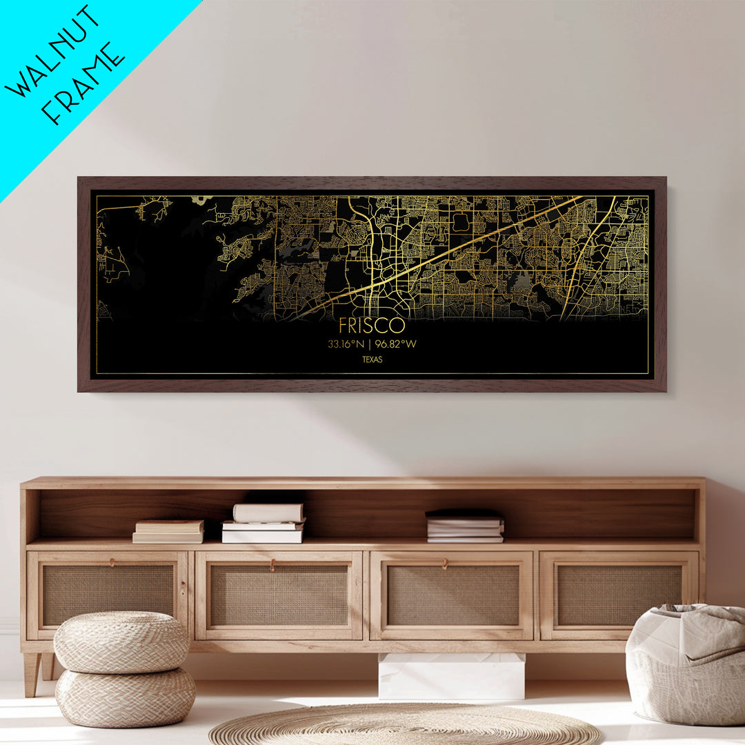 Frisco Texas City Poster, Panoramic street map, black and gold, Metallic Gold Art, Metal Art, wood framed map, Wall Art, Best Friend Gifts