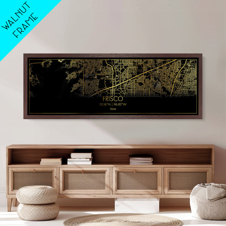 Frisco Texas City Poster, Panoramic street map, black and gold, Metallic Gold Art, Metal Art, wood framed map, Wall Art, Best Friend Gifts