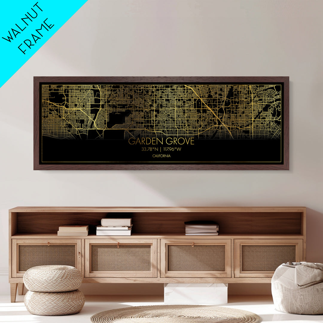 Garden Grove California City street map, Panoramic art, black and gold, Metallic Gold Print, Metal Art, real wood frames, Modern Wall Art