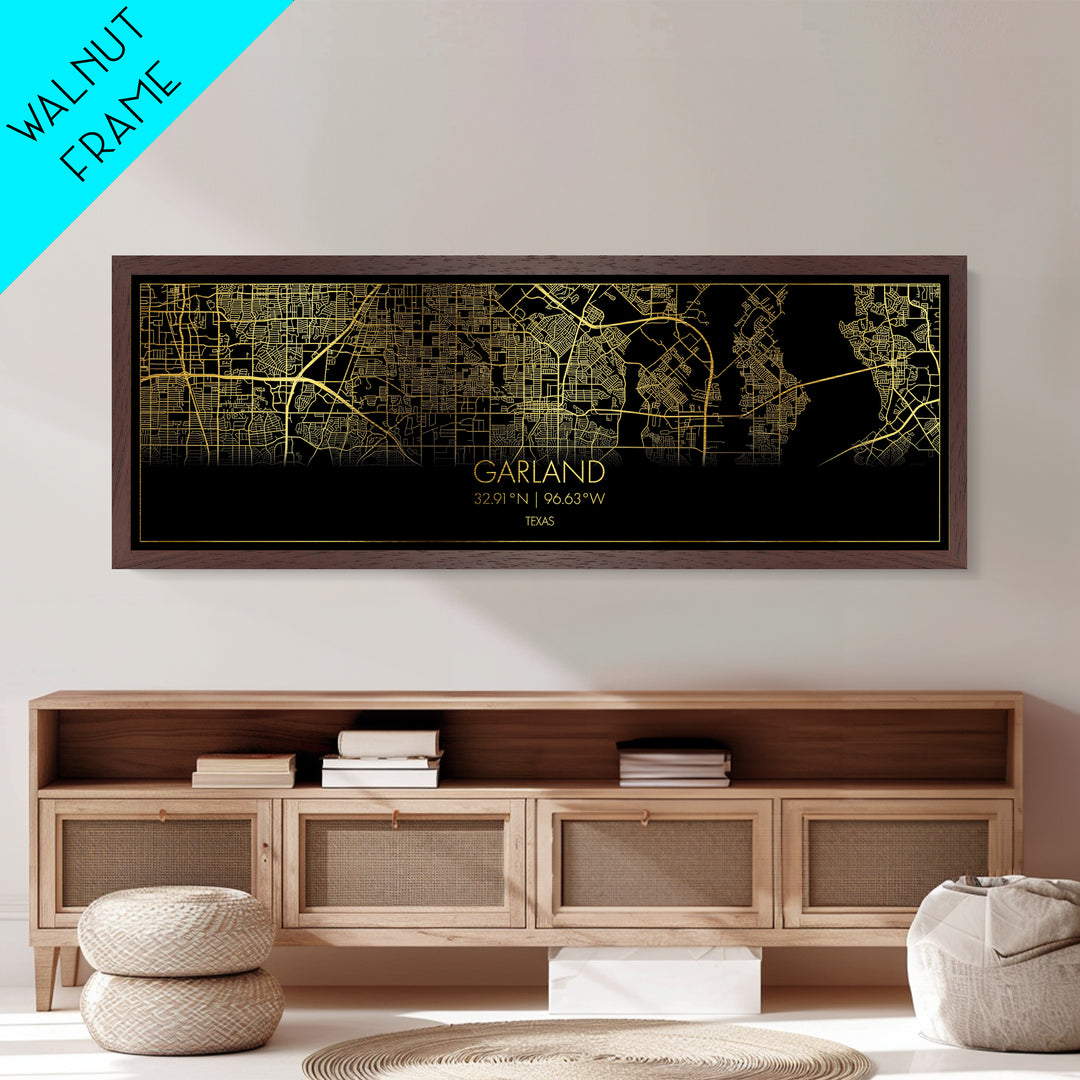 Garland Texas City Poster, Panoramic street map, black and gold, Metallic Gold Art, Metal Art, wood framed map, City Map Print Poster