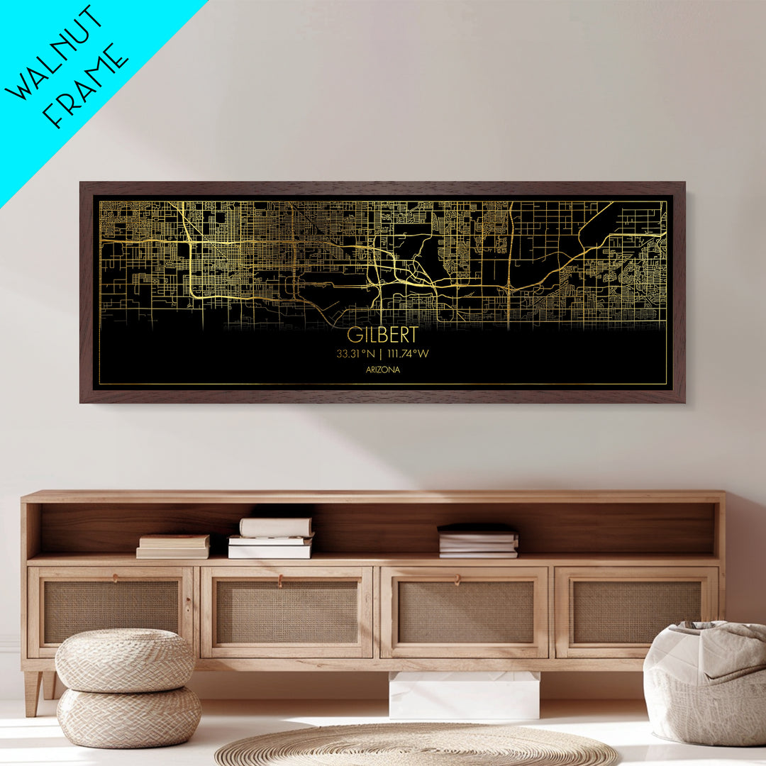 Gilbert Arizona map, Panoramic art, black and gold, Metallic Gold Print, Metal Art, real wood frames, Street Map Art, Best Friend Gifts