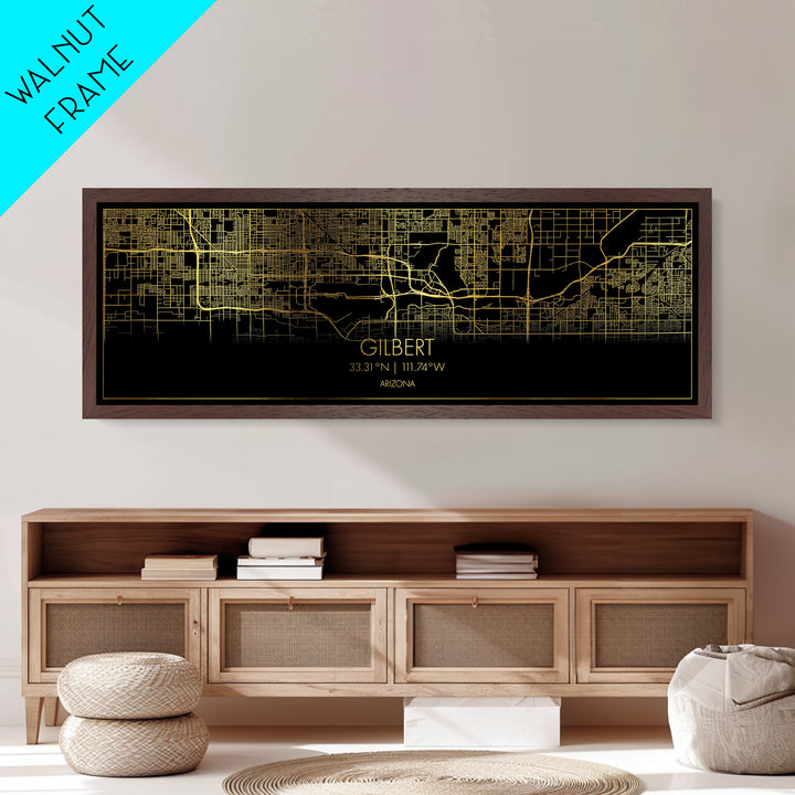 Gilbert Arizona map, Panoramic art, black and gold, Metallic Gold Print, Metal Art, real wood frames, Street Map Art, Best Friend Gifts