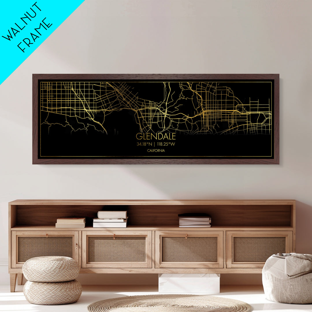 Glendale California City street map, Panoramic art, black and gold, Metallic Gold Print, Metal Art, real wood frames, Minimalist Wall Art