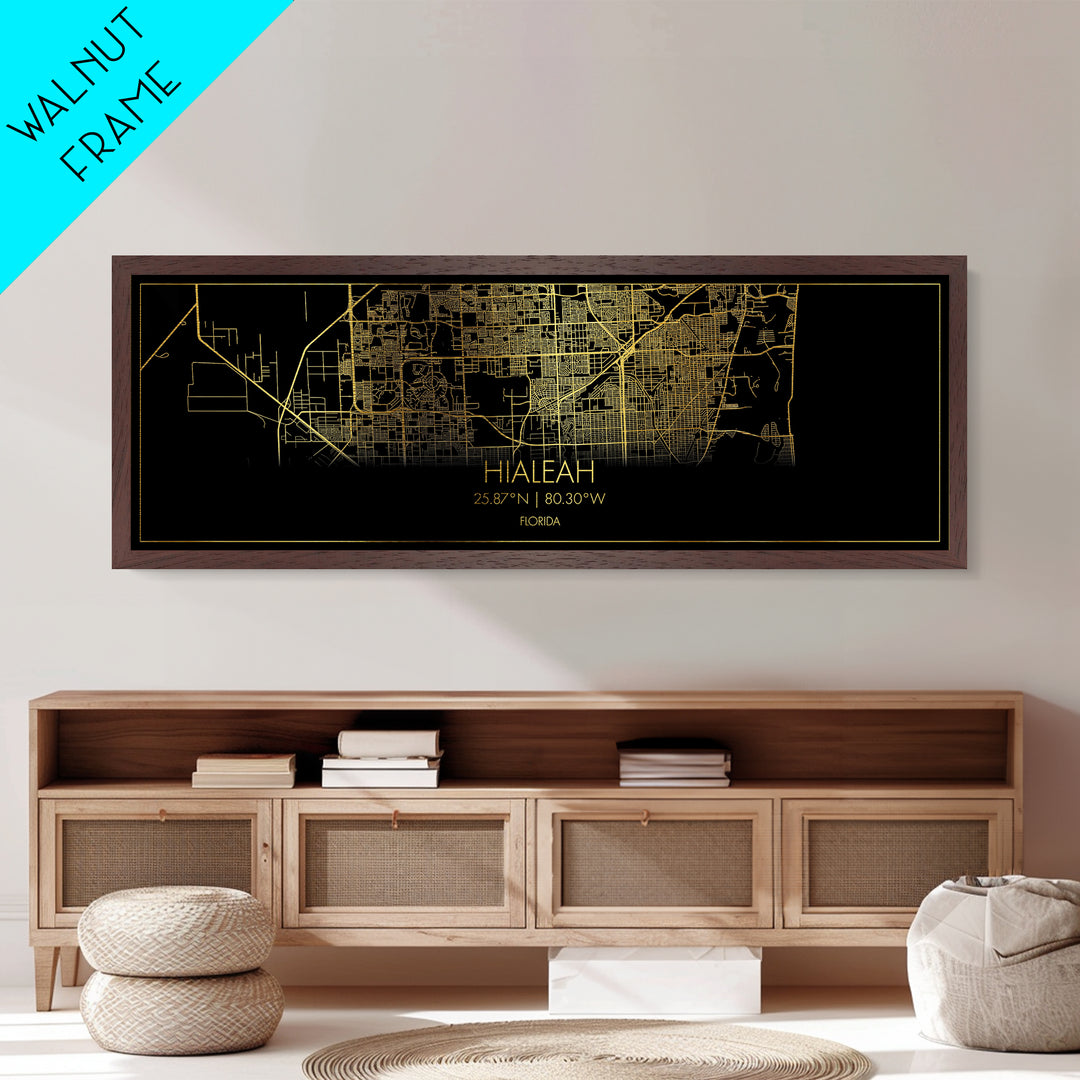 Hialeah Florida City street map, Panoramic art, black and gold, Metallic Gold Print, Metal Art, real wood frames, Modern House Art