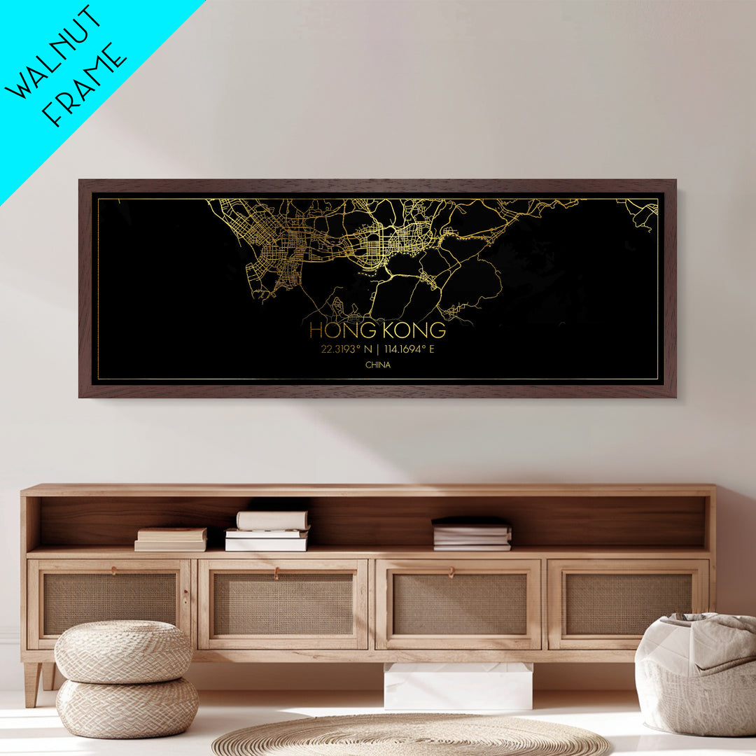 Hong Kong China City Poster, Panoramic street map, black and gold, Metallic Gold Art, Metal Art, wood framed map, Minimalist Wall Art