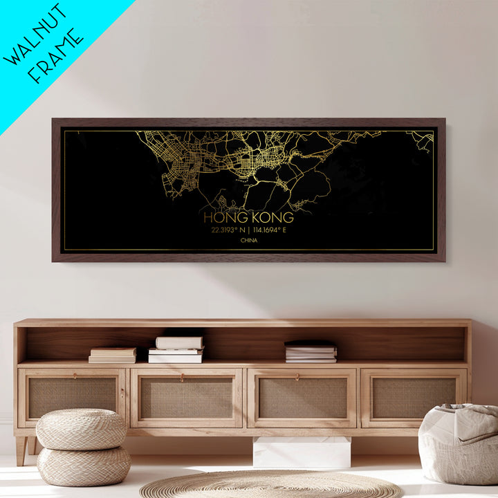 Hong Kong China City Poster, Panoramic street map, black and gold, Metallic Gold Art, Metal Art, wood framed map, Minimalist Wall Art