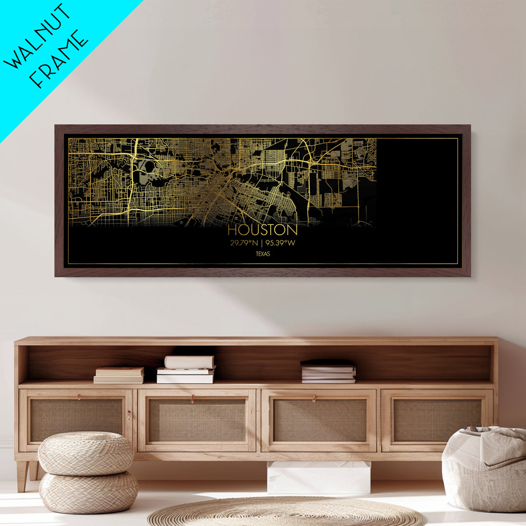 Houston Texas City Poster, Panoramic street map, black and gold, Metallic Gold Art, Metal Art, wood framed map, Housewarming Gift