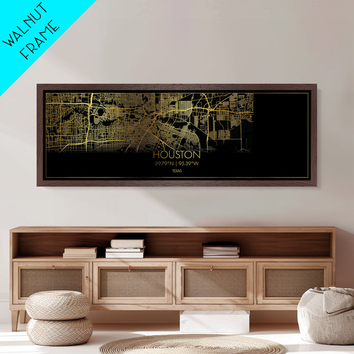Houston Texas City Poster, Panoramic street map, black and gold, Metallic Gold Art, Metal Art, wood framed map, Housewarming Gift