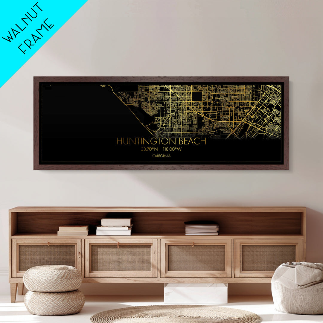 Huntington Beach California street map, Panoramic art, black and gold, Metallic Gold Print, Metal Art, real wood frames, Modern Wall Art