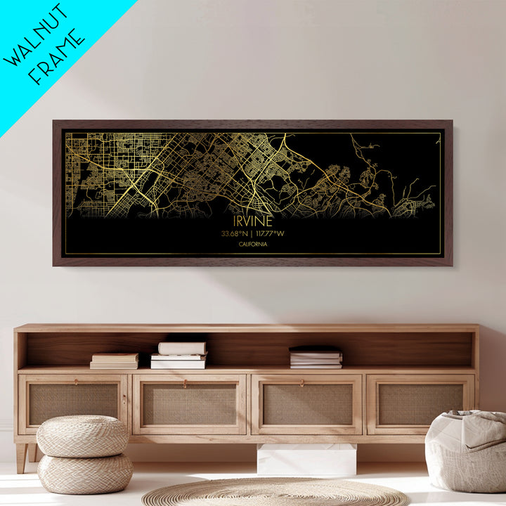 Irvine California Poster, Panoramic street map, black and gold, Metallic Gold Art, Metal Art, wood framed map, Wall Art, Housewarming Gift