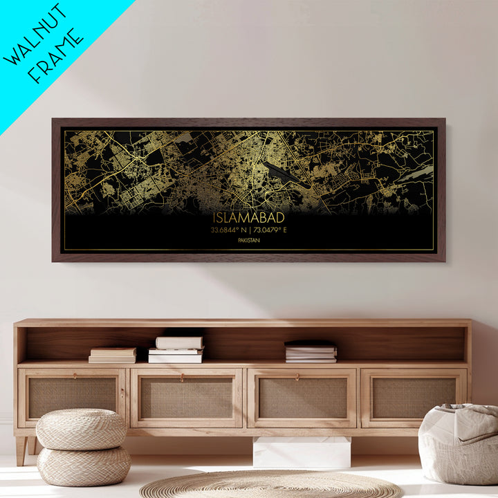 Islamabad Pakistan City Poster, Panoramic street map, black and gold, Metallic Gold Art, Metal Art, wood framed map, Minimalist Wall Art