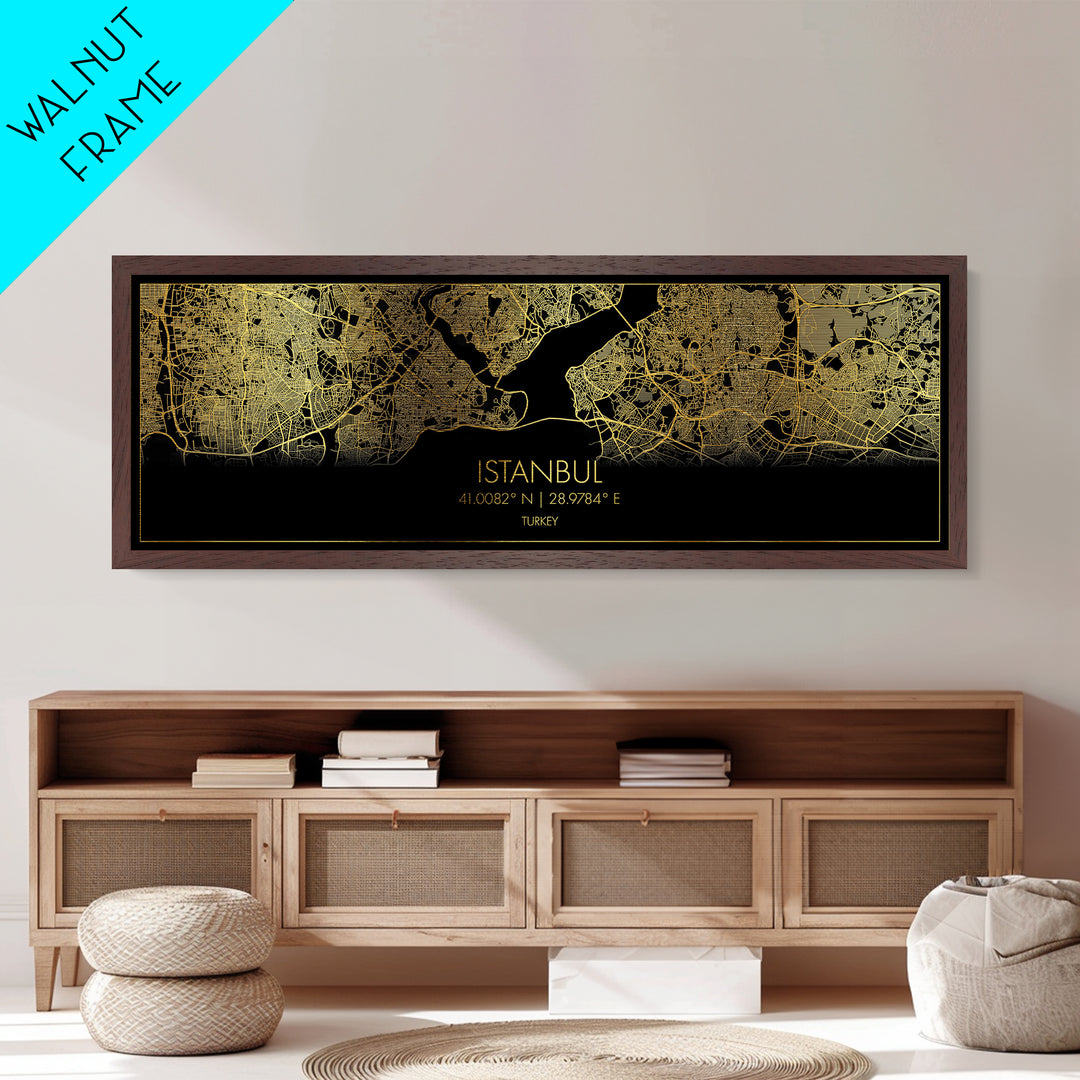 Istanbul Turkey map, Panoramic art, black and gold, Metallic Gold Print, Metal Art, real wood frames, Street Map Art, Best Friend Gifts