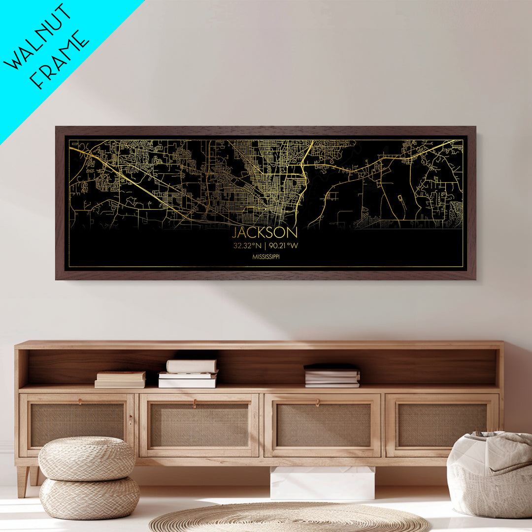 Jackson Mississippi City Poster, Panoramic street map, black and gold, Metallic Gold Art, Metal Art, wood framed map, Housewarming Gift
