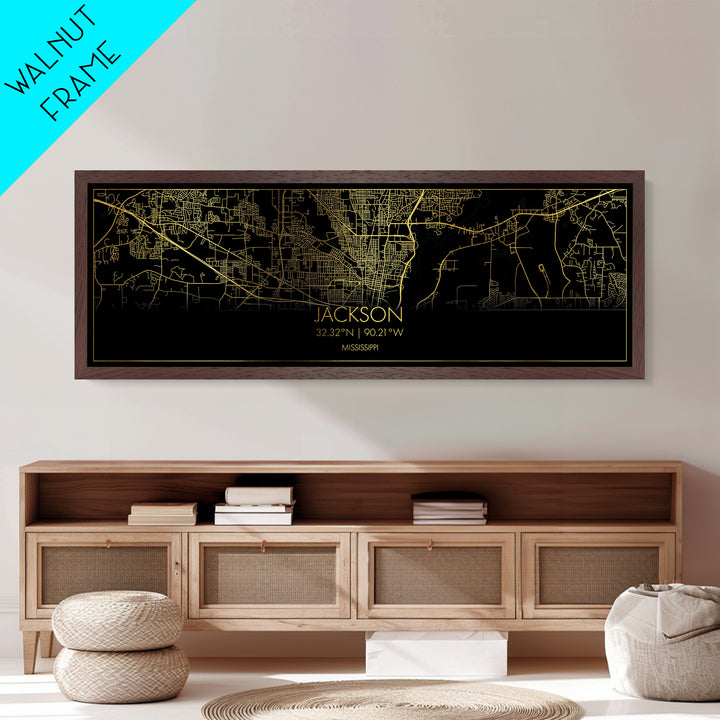 Jackson Mississippi City Poster, Panoramic street map, black and gold, Metallic Gold Art, Metal Art, wood framed map, Housewarming Gift