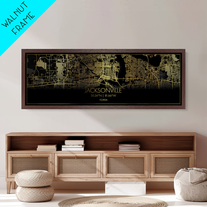Jacksonville Florida City street map, Panoramic art, black and gold, Metallic Gold Print, Metal Art, real wood frames, Office Décor