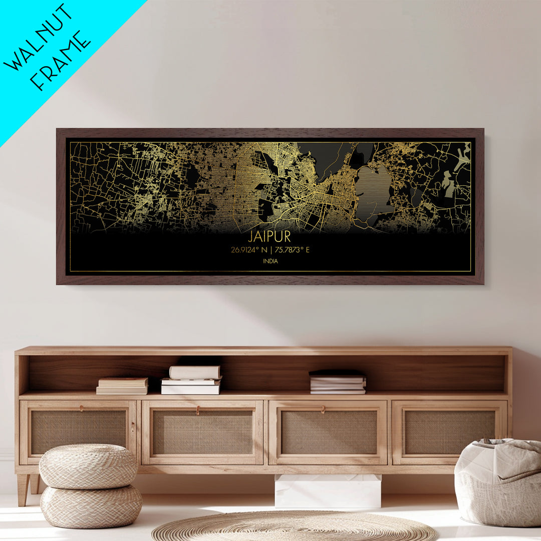 Jaipur India City Poster, Panoramic street map, black and gold, Metallic Gold Art, Metal Art, wood framed map, Street Map Art