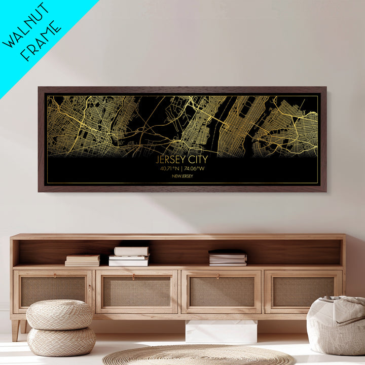 Jersey City New Jersey City street map, Panoramic art, black and gold, Metallic Gold Print, Metal Art, real wood frames, Minimalist Wall Art
