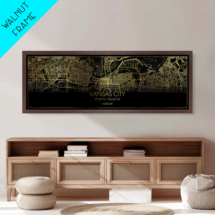 Kansas City Missouri City Poster, Panoramic street map, black and gold, Metallic Gold Art, Metal Art, wood framed map, Housewarming Gift