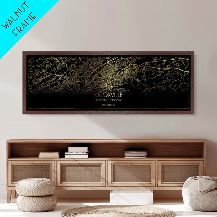 Knoxville Tennessee City street map, Panoramic art, black and gold, Metallic Gold Print, Metal Art, real wood frames, Best Friend Gifts