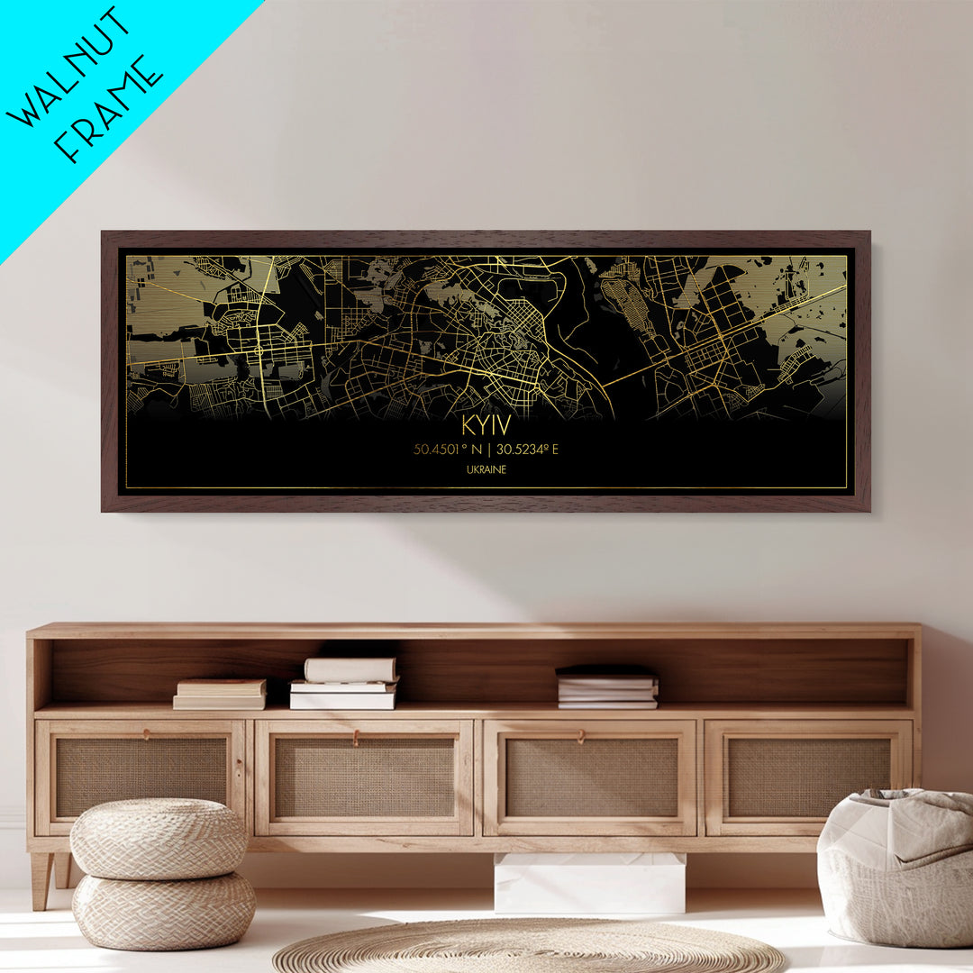 Kyiv Ukraine City Poster, Panoramic street map, black and gold, Metallic Gold Art, Metal Art, wood framed map, Wall Art, College Dorm Décor