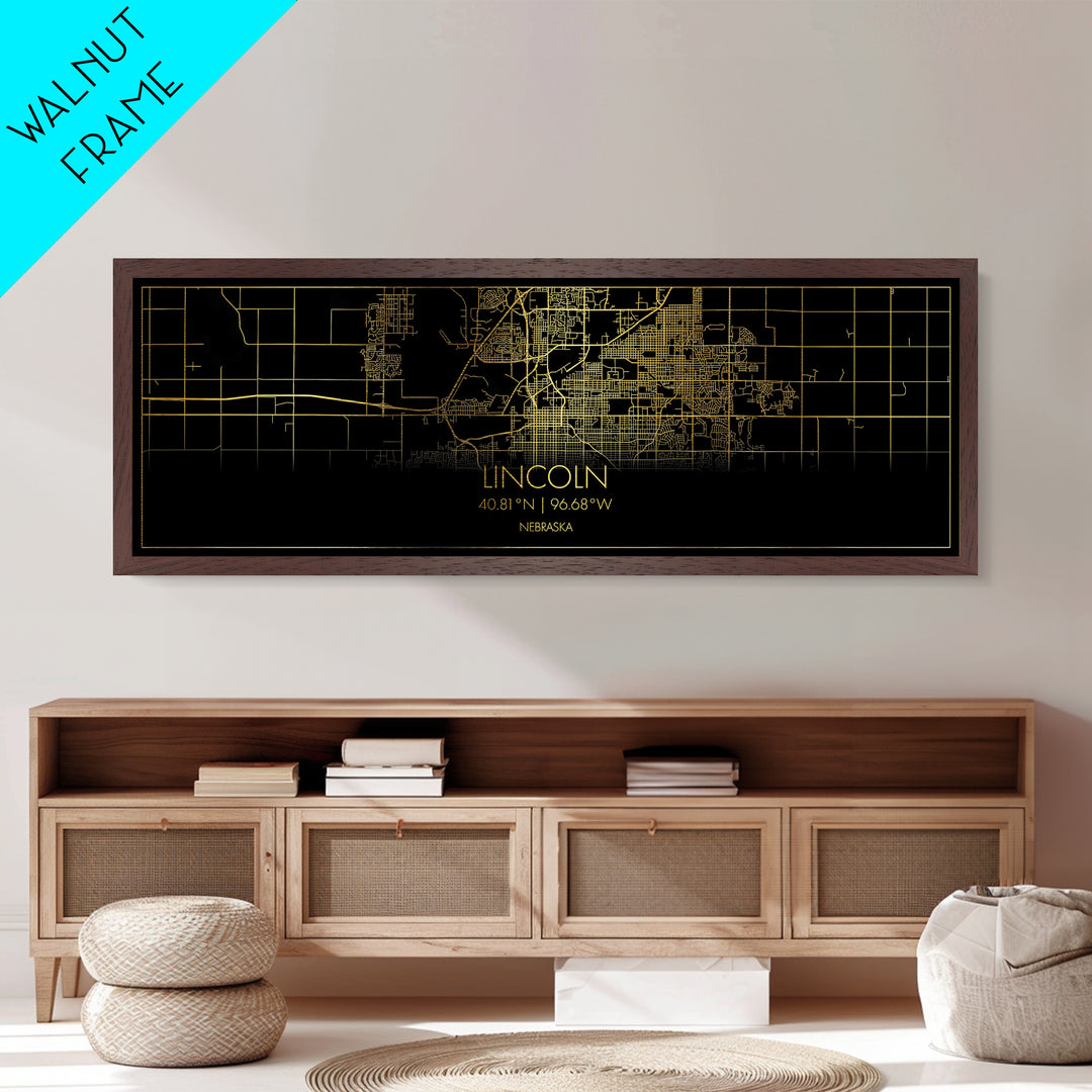 Lincoln Nebraska City Poster, Panoramic street map, black and gold, Metallic Gold Art, Metal Art, wood framed map, College Dorm Décor