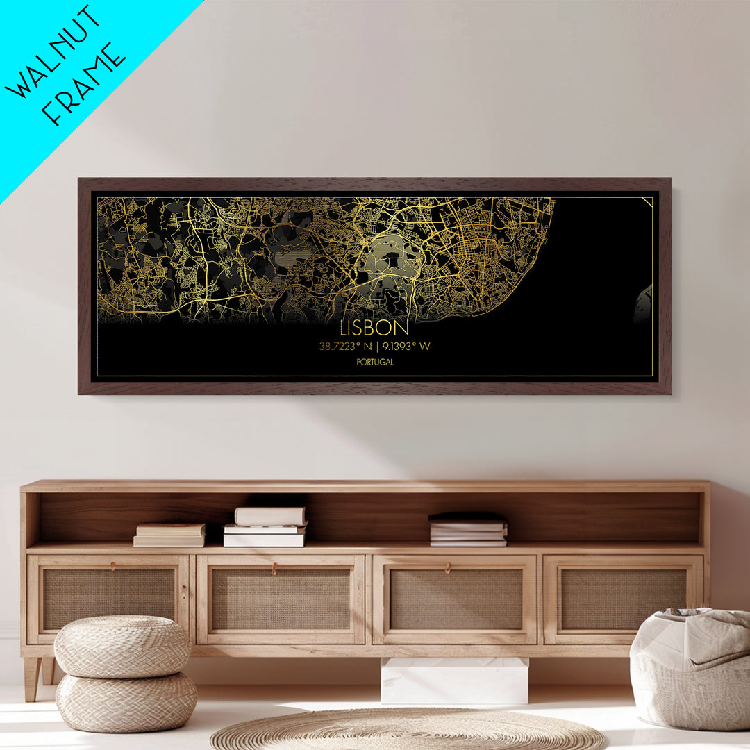 Lisbon Portugal map, Panoramic art, black and gold, Metallic Gold Print, Metal Art, real wood frames, Modern Wall Art, Housewarming Gift