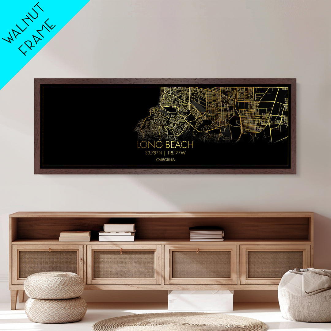 Long Beach California City Poster, Panoramic street map, black and gold, Metallic Gold Art, Metal Art, wood framed map, Housewarming Gift