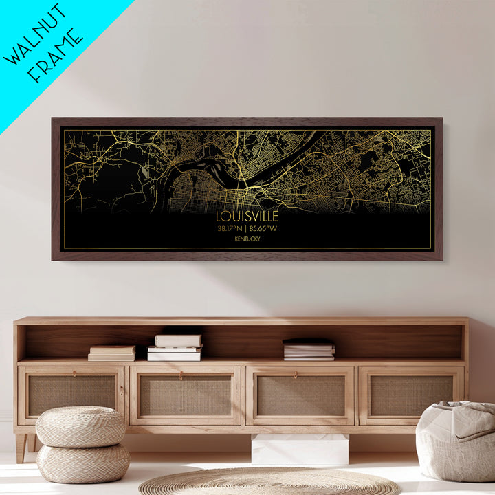 Louisville Kentucky City Poster, Panoramic street map, black and gold, Metallic Gold Art, Metal Art, wood framed map, Housewarming Gift