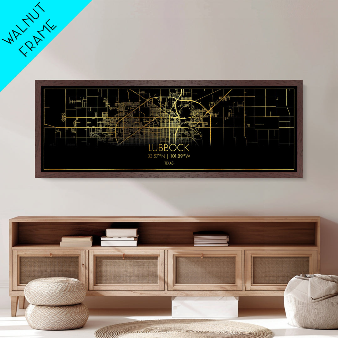 Lubbock Texas City Poster, Panoramic street map, black and gold, Metallic Gold Art, Metal Art, wood framed map, Best Friend Gifts