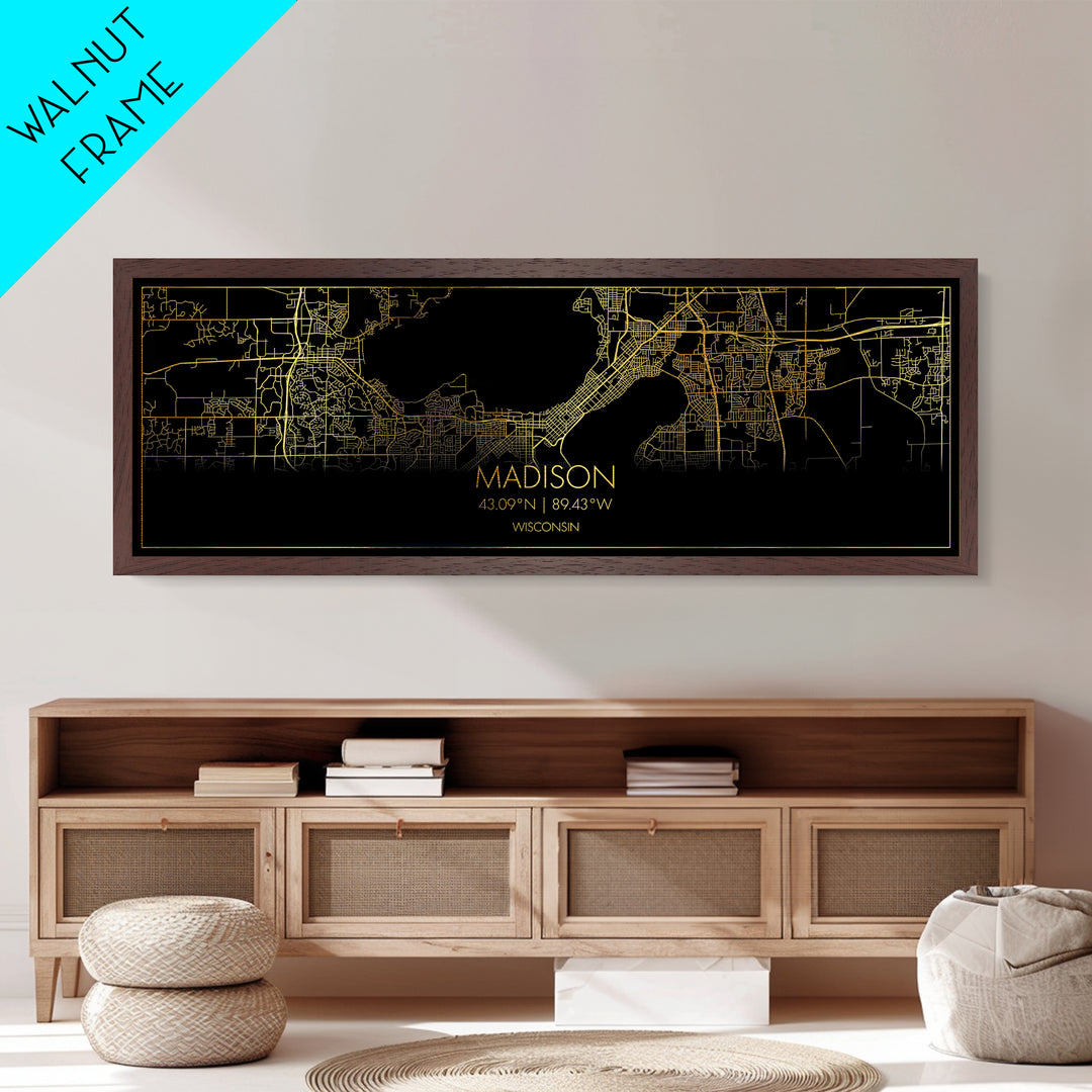 Madison Wisconsin City street map, Panoramic art, black and gold, Metallic Gold Print, Metal Art, real wood frames, Wall Art, Minimalist Art
