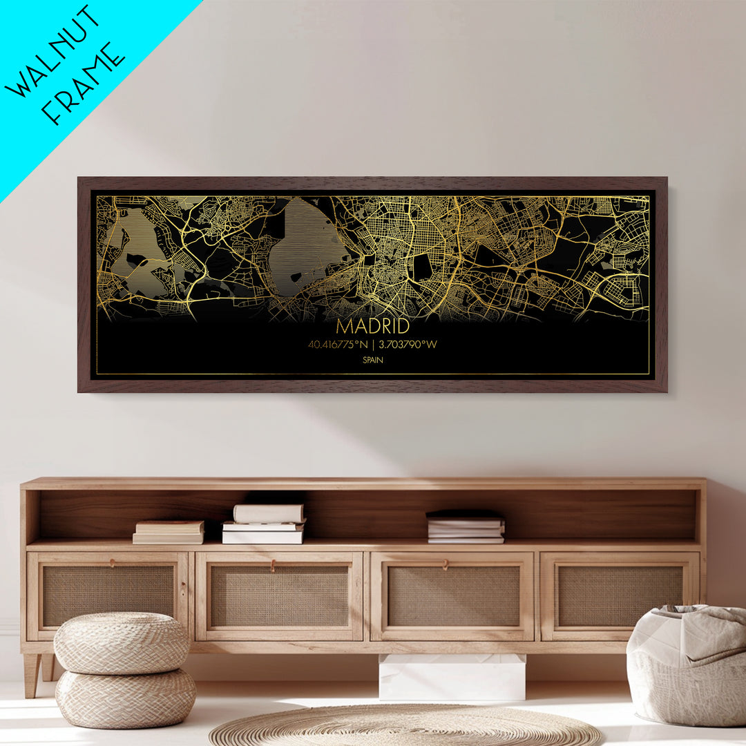 Madrid Spain City Poster, Panoramic street map, black and gold, Metallic Gold Art, Metal Art, wood framed map, College Dorm Décor