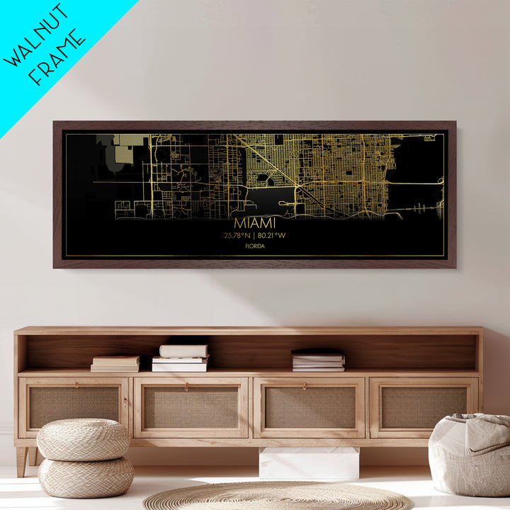 Miami Florida City street map, Panoramic art, black and gold, Metallic Gold Print, Metal Art, real wood frames, Office Decor, Wall Art