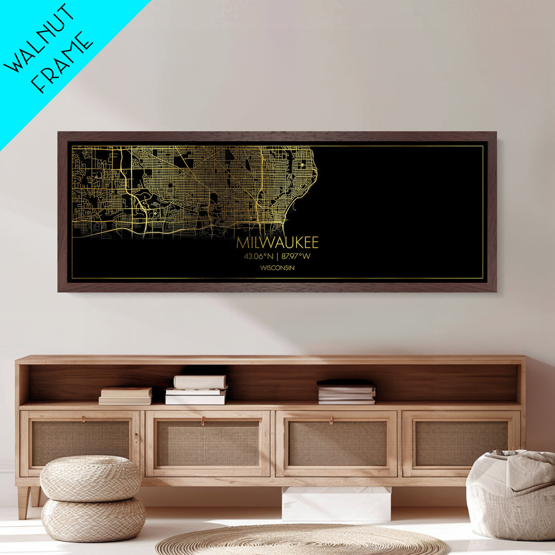 Milwaukee Wisconsin City street map, Panoramic art, black and gold, Metallic Gold Print, Metal Art, real wood frames, Minimalist Wall Art